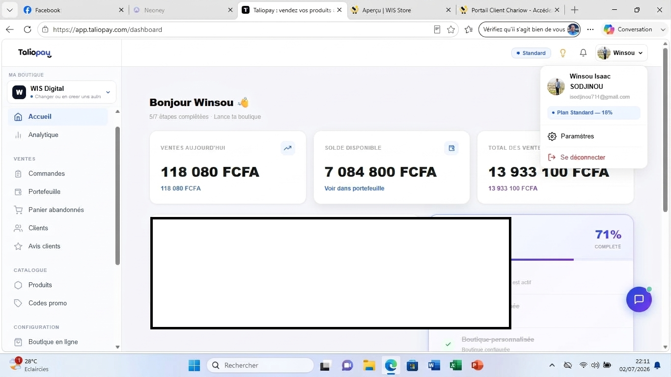 Dashboard Taliopay — Total des ventes 13 933 100 FCFA