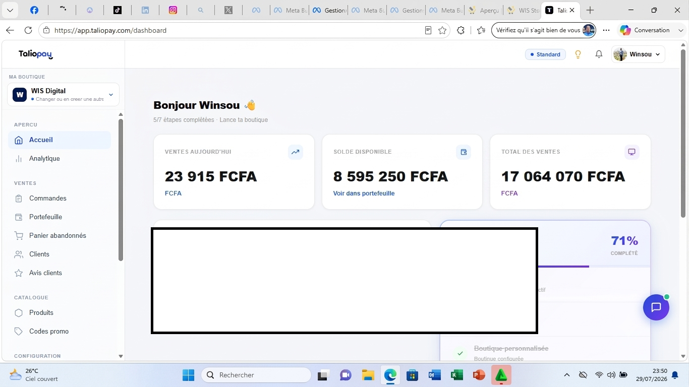 Dashboard Taliopay — Total des ventes 17 064 070 FCFA