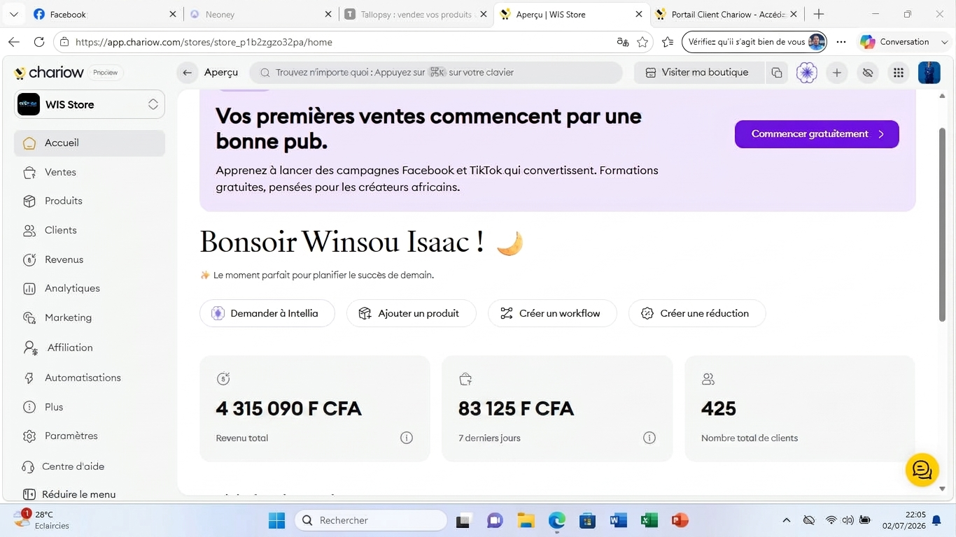 Dashboard Chariow — Revenu total 4 315 090 FCFA, 425 clients