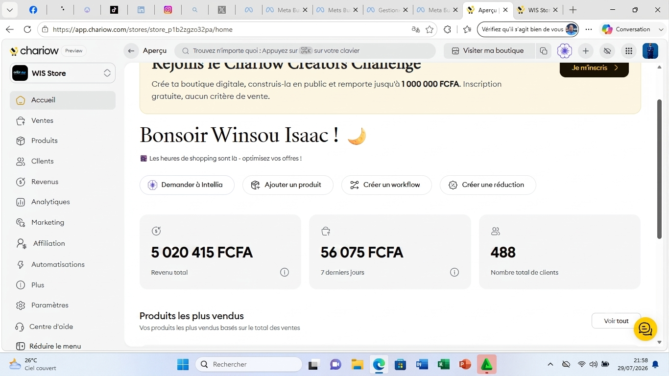 Dashboard Chariow — Revenu total 5 020 415 FCFA, 488 clients